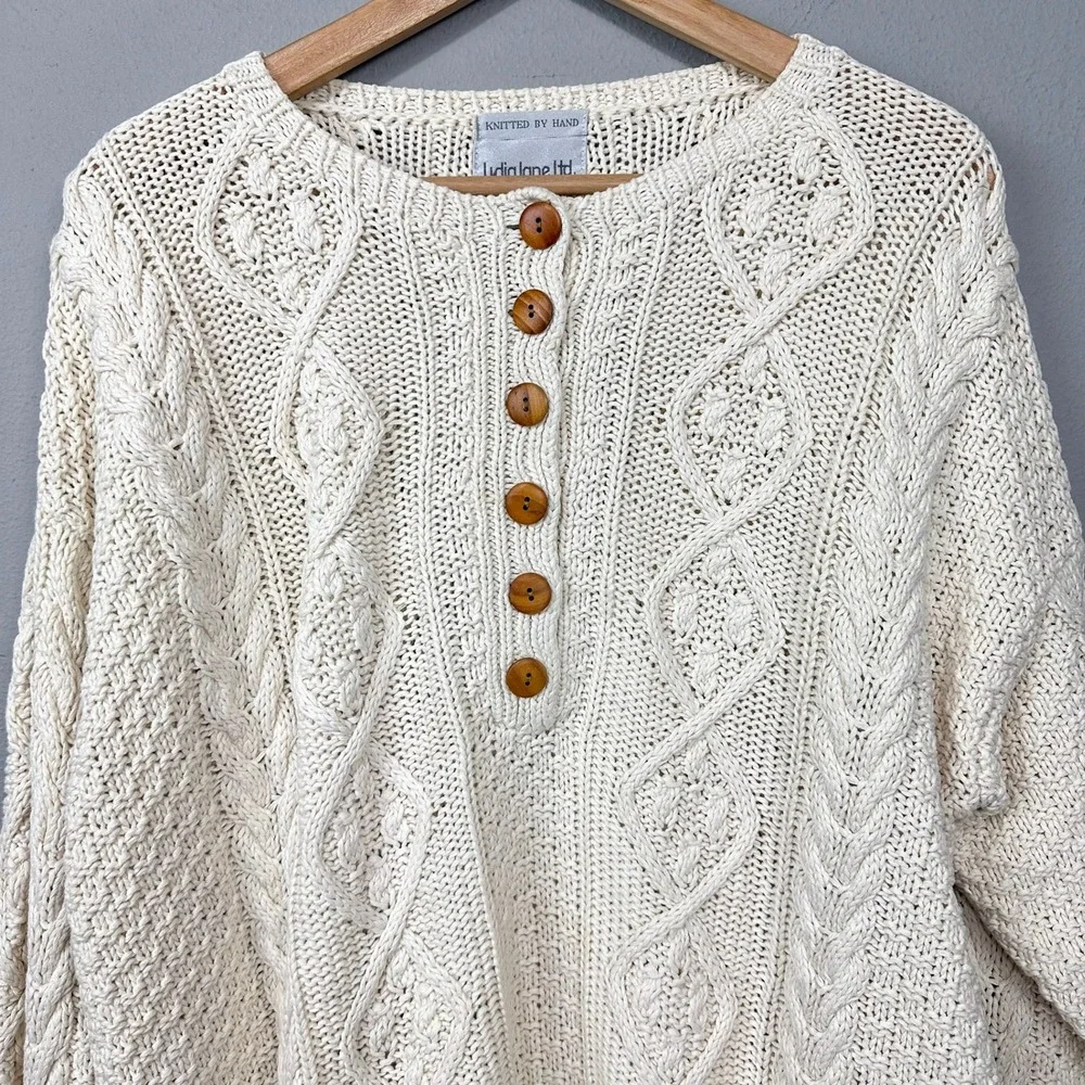 Vintage Lydia Jane Sweater Womens L Cream Hand Knitted Cable Henley Ramie Cotton - Picture 8 of 13